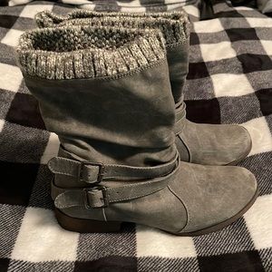 Worn Grey Booties with Wool Detail and Buckle Detail